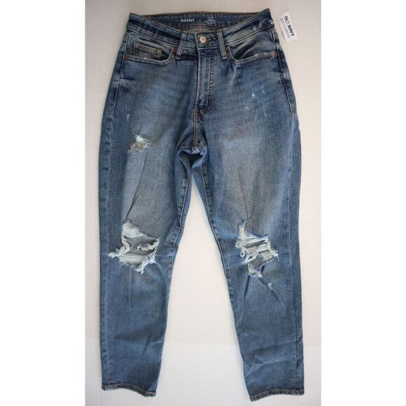 Old Navy Women's Sz 4 Blue High-Rise Curvy O.G. Straight Ankle Distressed Jeans - Picture 1 of 5